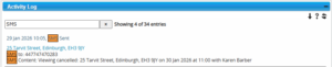 SMS sent and a copy added to Activity Log for the contact
