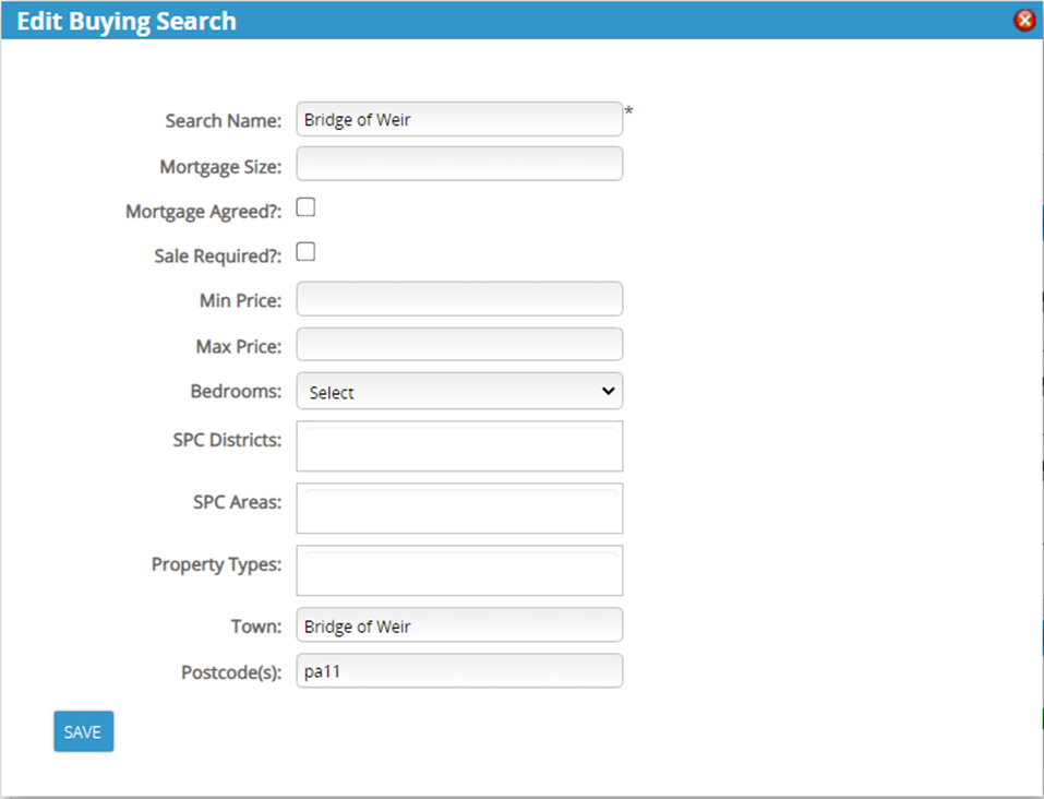 Edit buying search criteria panel