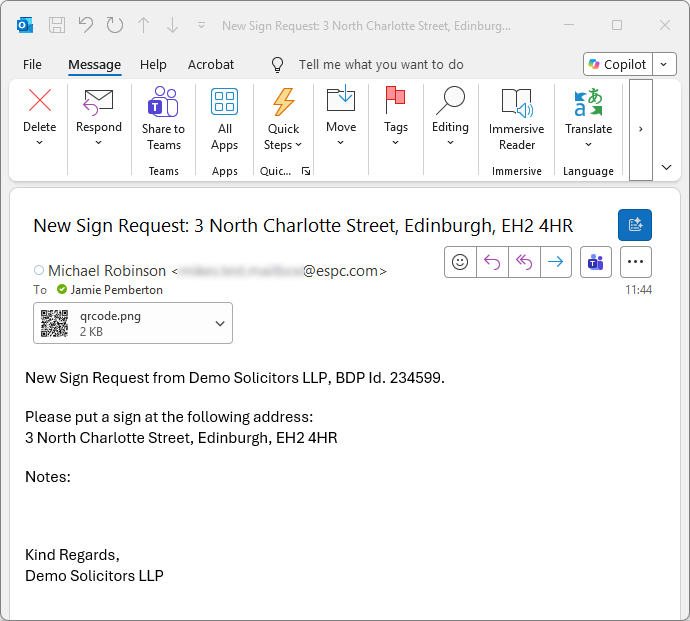 Example of an email request to erect a for sale board with a QR code attached.