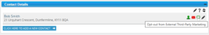 Applicant Contact Details widget shows the "External Third-Party Marketing" button as green, meaning the the Applicant is currently opted in. The tooltip advises the user that if they tick this button the Applicant will be opted-out.
