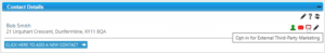 Applicant Contact Details widget shows the "External Third-Party Marketing" button as green, meaning the the Applicant is currently opted in. The tooltip advises the user that if they tick this button the Applicant will be opted-out.